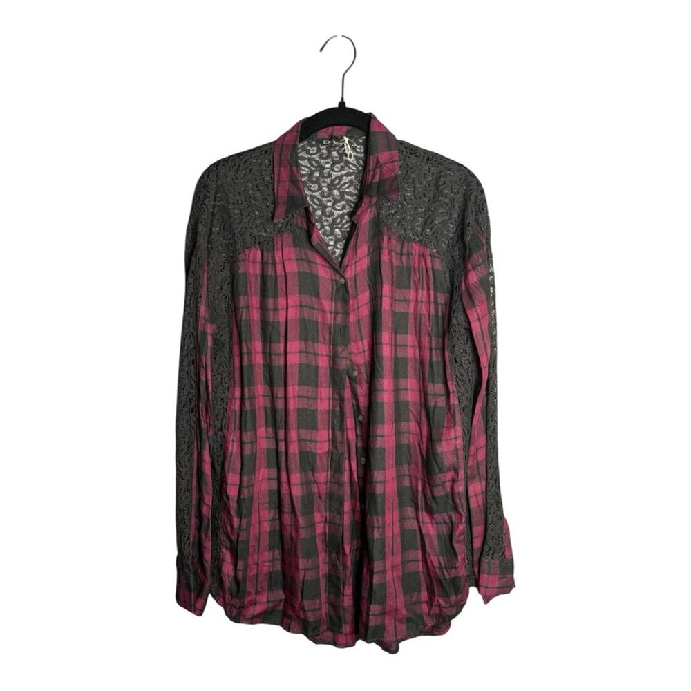 Express Purple Black Plaid Button Down Shirt Lace Detail Small